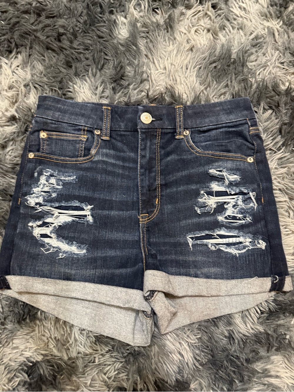 American Eagle Outfitters Distressed Dark Blue Denim Shorts with Rolled Hem